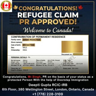 Big news, big moment 🇨🇦✨From uncertainty to a fresh start — this is what perseverance looks like.Congratulations, Mr. Singh, on receiving your Permanent Residency through your protected person status. Your journey is a powerful reminder that no matter how tough the road gets, the right support and determination can open new doors.Here’s to new beginnings, new opportunities, and a brighter future in Canada! 🍁If you’re dreaming of your own success story, we’re here to guide you every step of the way.Doorstep Immigration ਦੀ ਤਜਰਬੇਕਾਰ ਟੀਮ ਤੁਹਾਡੀ ਹਰ ਕਦਮ ‘ਤੇ ਮਦਦ ਕਰੇਗੀ।📞 ਅੱਜ ਹੀ ਸੰਪਰਕ ਕਰੋ
👩‍💼 ਦੀਪਤੀ ਗੁਪਤਾ, RCIC-IRB
📞 Call / WhatsApp: +1 778 228 3109
📧 info@doorstepimmigration.ca
🌐 www.doorstepimmigration.ca
📍 6th Floor, 380 Wellington Street, London, Ontario, Canadaਤੁਹਾਡੀ ਸੁਰੱਖਿਆ – ਸਾਡੀ ਪਹਿਲ।#RefugeeClaim #CanadaImmigration #DoorstepImmigration #RefugeeProtection #PunjabiCommunity #CanadaVisa #ImmigrationHelp